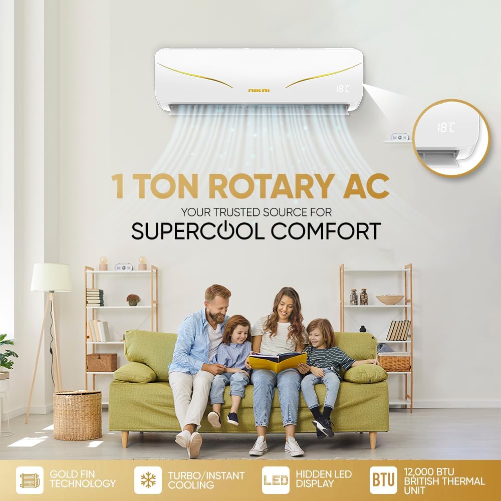 Nikai Split Air Conditioner 2 Ton, Energy Efficient Cooling with T3 Tropical Rotary Compressor, Turbo Mode with 4 Way Swing, 24000 BTU AC, Gold Fin, Auto Restart, Ideal for Home & Office NSAC24131N23