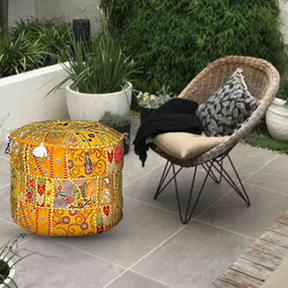 Aakriti Gallery Indian Pouf Footstool Ethnic Embroidered Pouf Cover, Indian Cotton Round Pouffe Ottoman Pouf Cover Pillow Ethnic Decor Art - Cover Only (Yellow, 18x13)