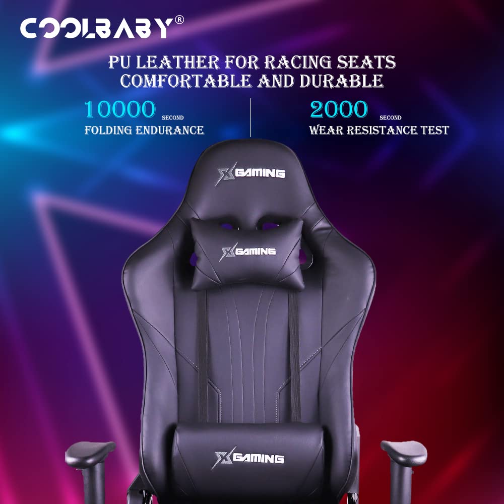 COOLBABY Gaming Chair LED Light Racing Chair,Ergonomic Office Massage Chair,Lumbar Support and Adjustable Back Bench,Bluetooth Speaker…