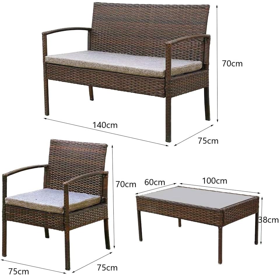 SKY-TOUCH Outdoor Furniture Set of 4 : 4 Seater Plastic Rattan Metal Frame Patio Sofa with Soft Cushion Black Tempered Glass Coffee Table for Garden Backyard Patio Balcony Brown