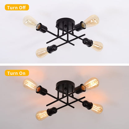 Qcyuui Industrial Semi Flush Mount Ceiling Light Farmhouse Rustic Black Chandelier with E27 Base, Modern Sputnik Ceiling Lighting Fixture for Kitchen Dining Living Room Bedroom (4-Light/Black)