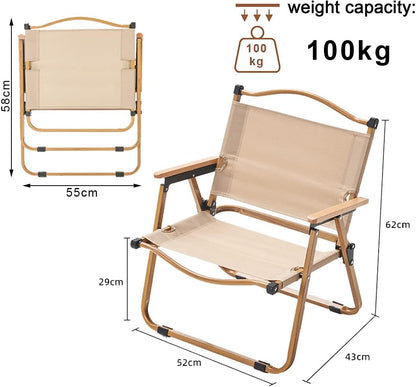 TOMVAES Foldable Camping Chair for Outdoor Hiking, Fishing, Picnic, Travel, Wooden Armrest Metal Frame Travel Chair, Lightweight Camping Backpack Chair - Easy to Fold and Carry (Large, Khaki) c