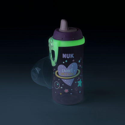 NUK Kiddy Cup Night Toddler Cup | 12+ Months | 300 ml | Leak-Proof Toughened Spout | Glow in The Dark | Clip & Protective Cap | BPA-Free | Purple