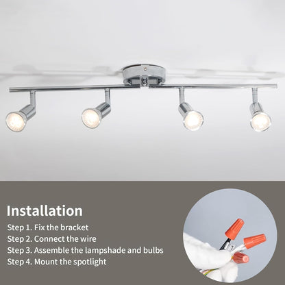 Qcyuui Modern 4-Light Track Lighting Kit, Flush Mount Wall/Ceiling Spot Lights Fixture, LED Track Light with Chrome Flexibly Rotatable Light Head for Kitchen Living Room, 4×GU10 Bulb (Included)