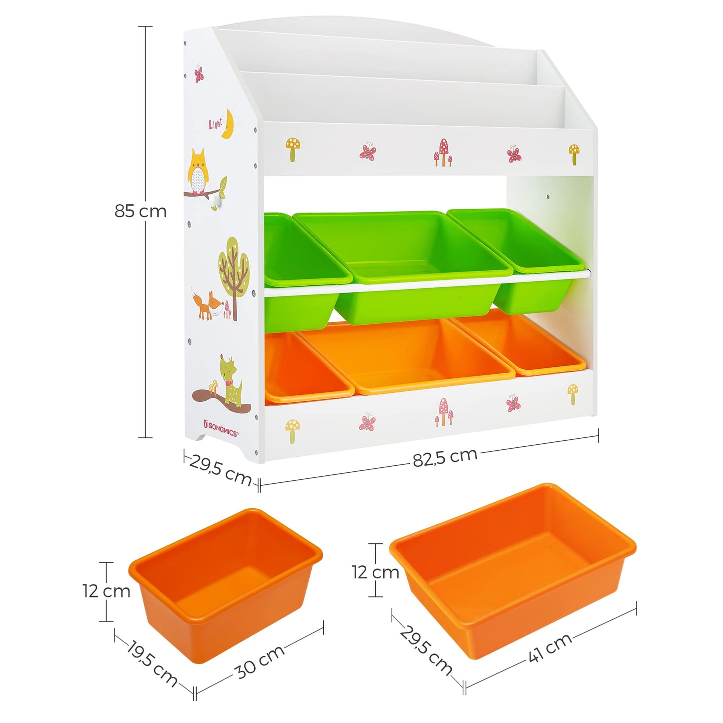 SONGMCIS Toy And Book Organiser For Children, With 3-Tier Bookshelf And 6 Removable Bins, Wooden Storage Unit And Rack For Playroom, Kid’S Room, Nursery, White, Green, Orange, 83 x 29.5 x 85.2 cm