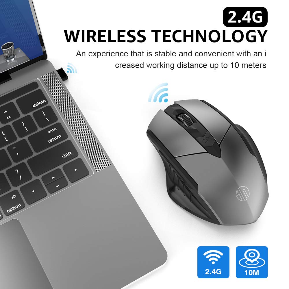 INPHIC Wireless Mouse, [Upgraded: Battery Level Visible] Large Ergonomic Rechargeable 2.4G Optical PC Laptop Cordless Mice with USB Nano Receiver, Black