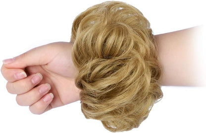 MORICA 1PCS Messy Hair Bun Hair Scrunchies Extension Curly Wavy Messy Synthetic Chignon for Women (12AH613(Light Golden Brown & Lightest Blonde))