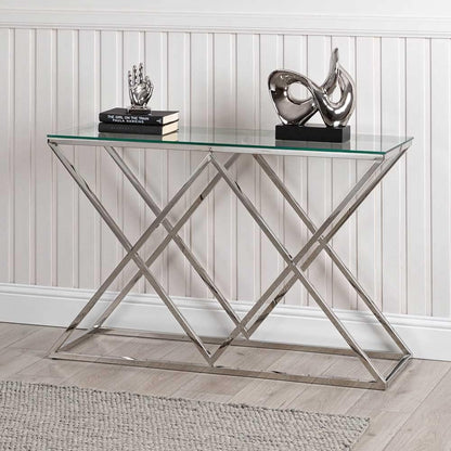 VANITY LIVING 120cm Console Table for Living Room Furniture, Slim Hallway Table with Silver Stainless Steel Base and Smoked Glass Top, Narrow Entryway Table