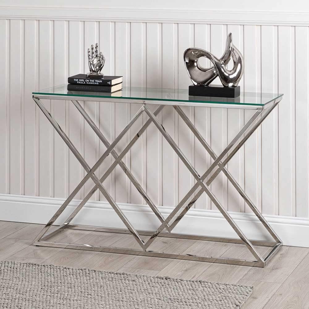 Vanity Living Console Table Modern Tempered Glass Top, Entryway Table Madrid Chrome Sturdy Stainless Steel Frame, Narrow Hallway Table for Living Room