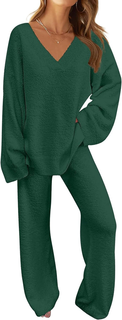 MEROKEETY Women's 2 Piece Outfits Fuzzy Fleece Pajama Set Long Sleeve Top Wide Leg Pants Loungewear