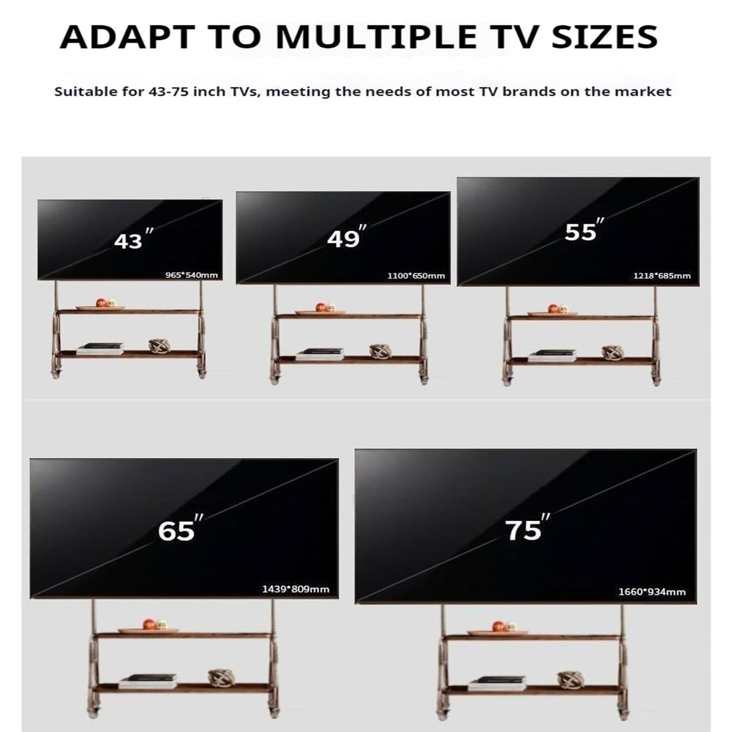 COOLBABY Mobile TV Stand for 43-75 Inch TVs, Rolling TV Cart with Double Shelf and Silent Wheels, Universal TV Floor Stand with Stainless Steel Bracket for Living Room, Bedroom, Office, Hotel