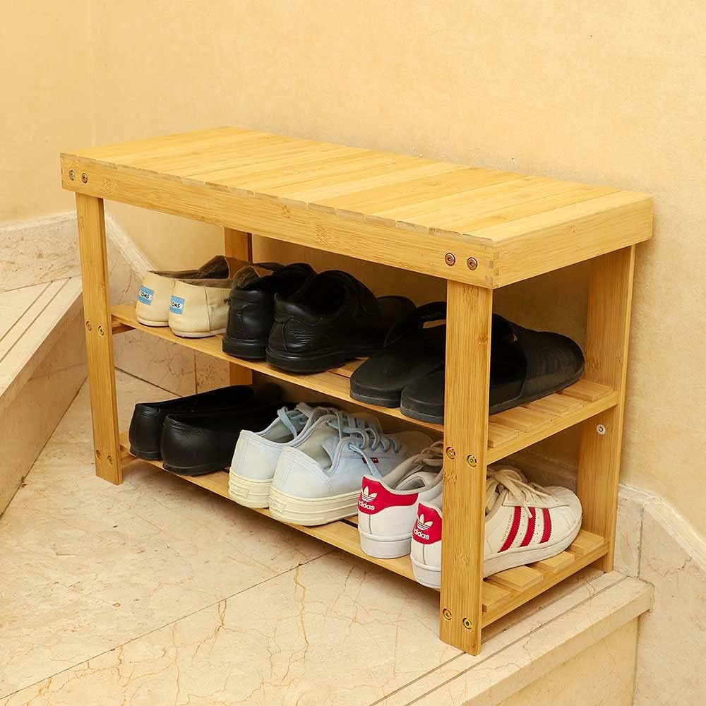 YAHOME 3 Tier Wooden Bamboo Shoe Storage Bench Shoe Rack Shoe Storage Cabinet With Seat Ideal For Hallway, Bathroom, Living Room And Corridor