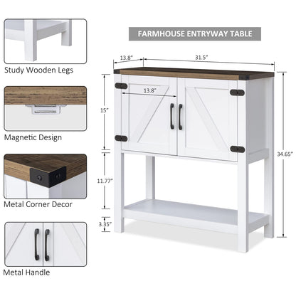 Mufico Console Table Coffee Bar Cabinet Sofa Table,31.5 L x 13.8 D x 34.65 H,Entryway Table with 2 Storage Cabinets, Farmhouse Buffet Sideboard for Kitchen, Foyer,Hallway (White)