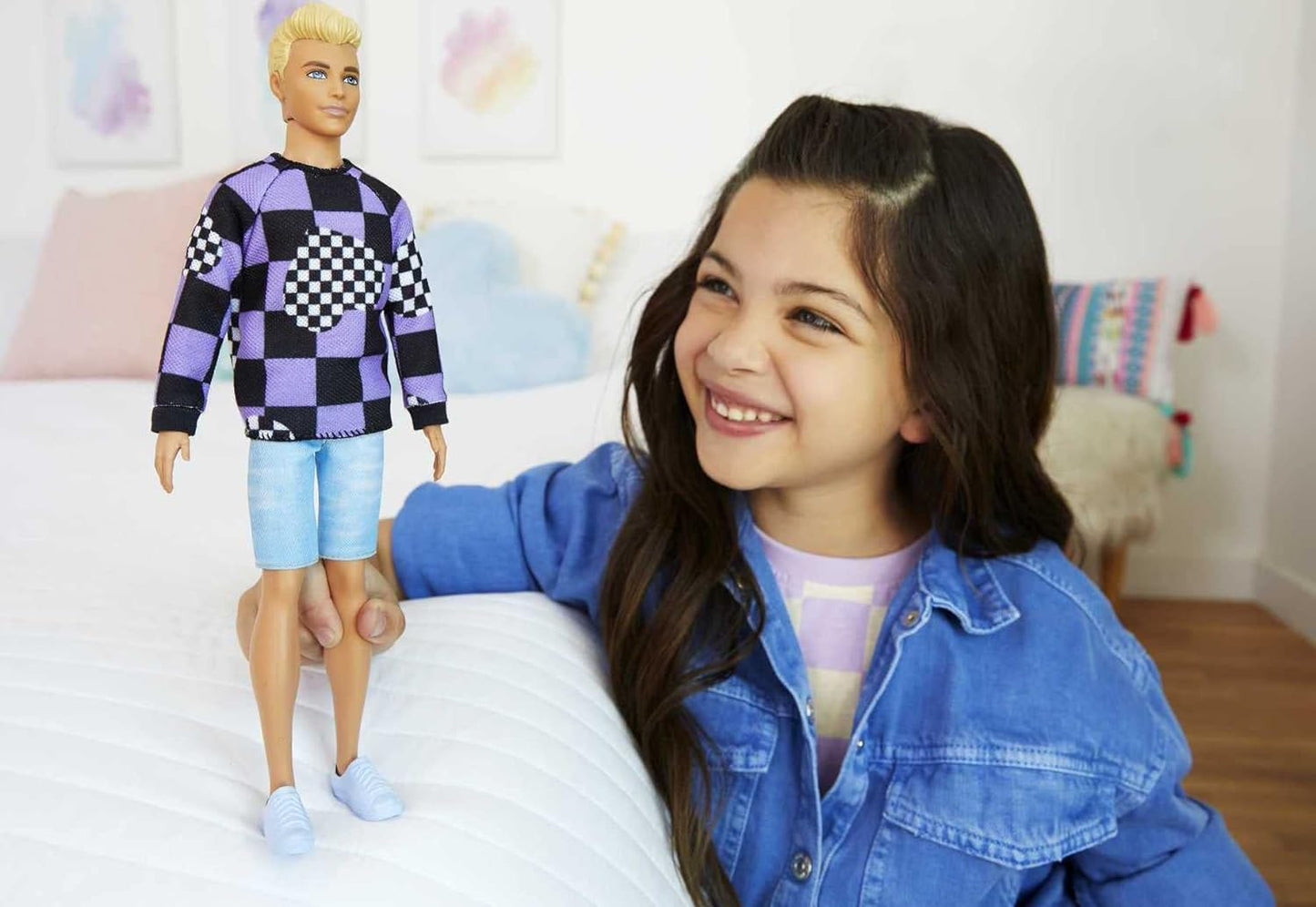 Barbie Ken Fashionistas Doll #191, Blonde Cropped Hair, Checkered Sweater, Denim Shorts, White Sneakers, Toy for Kids 3 to 8 Years Old