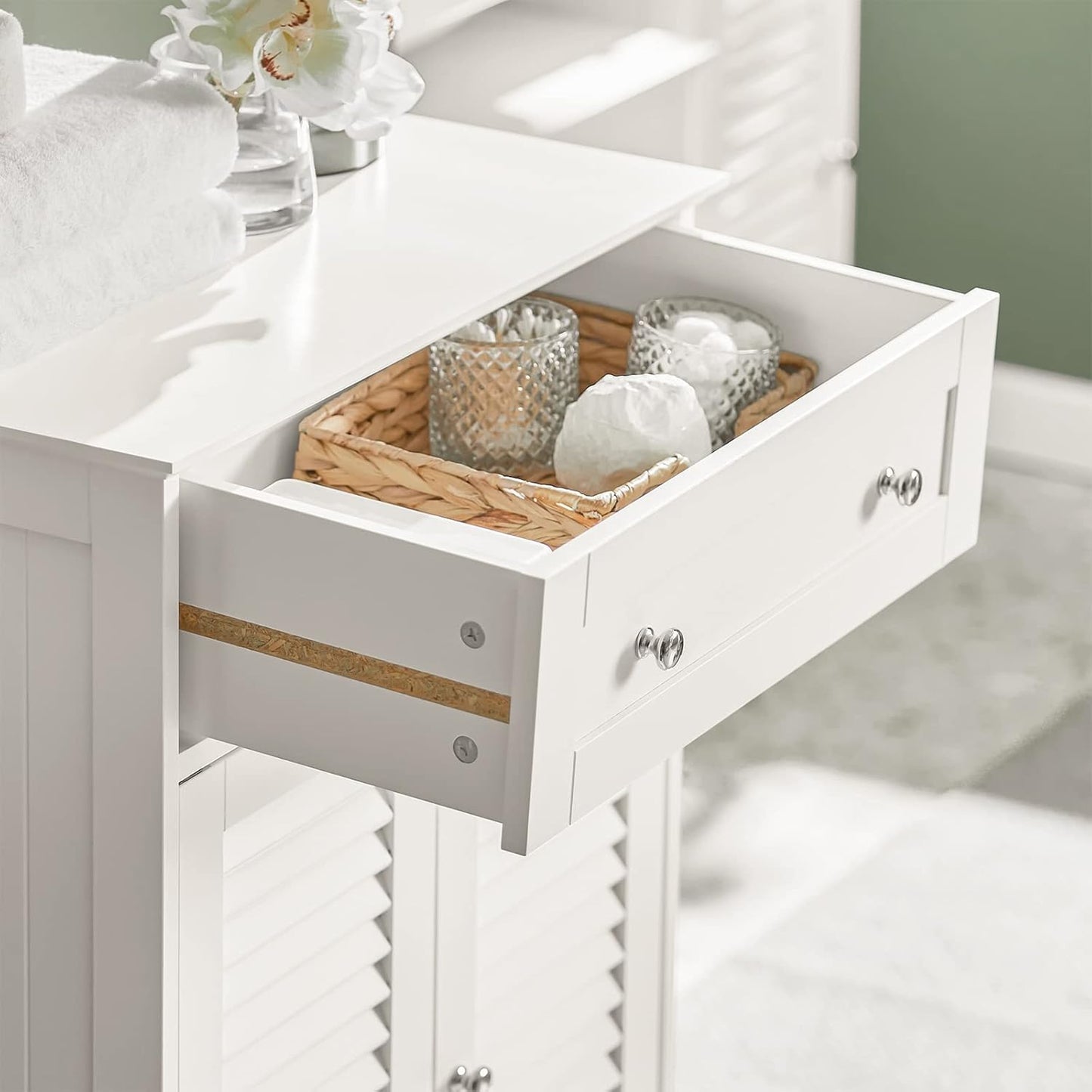 SoBuy FRG238-W Bathroom Storage Cabinet,Floor Cabinet Cupboard Sideboard with Drawer and Doors