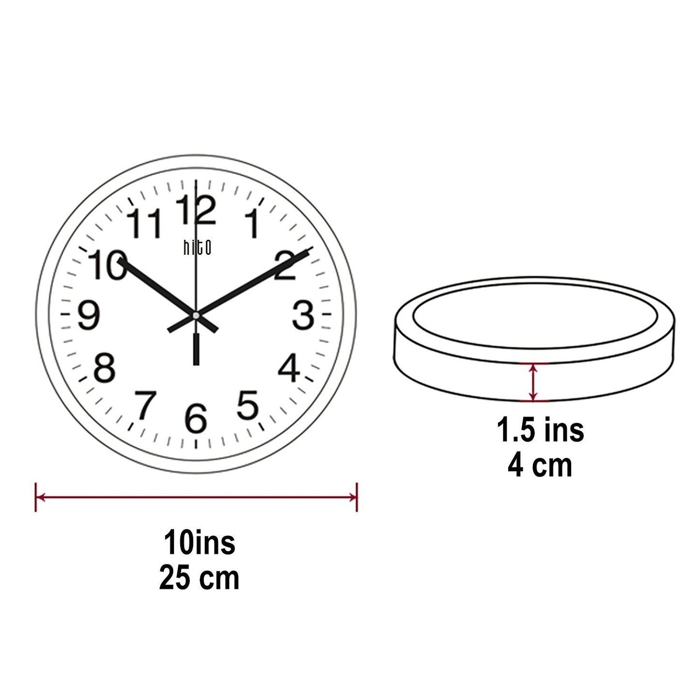 HITO 10” Silent Wall Clock Battery Operated Non Ticking Sweep Movement Glass Cover Silver Aluminum Frame, for Kitchen, Bedroom, Home Office, Living Room Decor (Black)