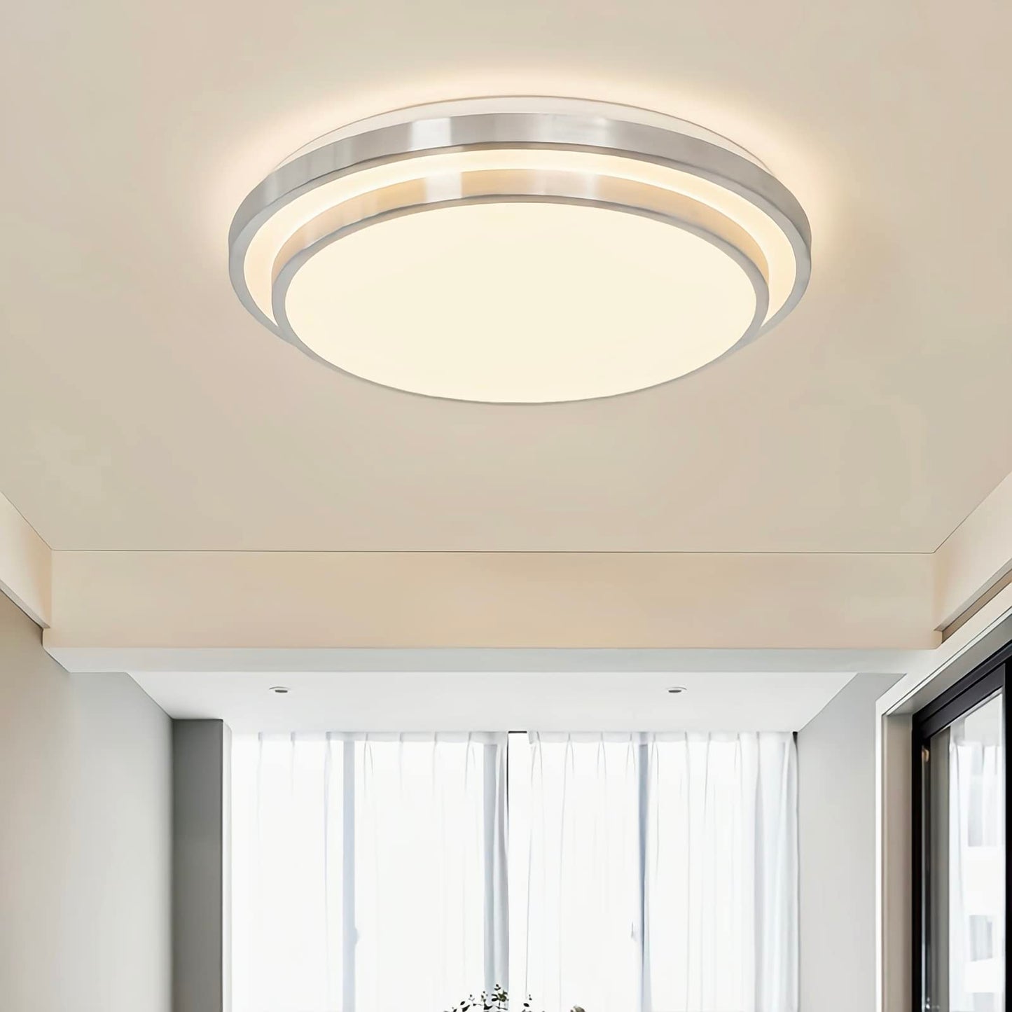 HUA QIANG WANG Flush Mount Double Layer Silver Ceiling Lamp, 3-color Modern Simple Round LED Ceiling Lights for Bedroom Living Room Dining Room (40cm)