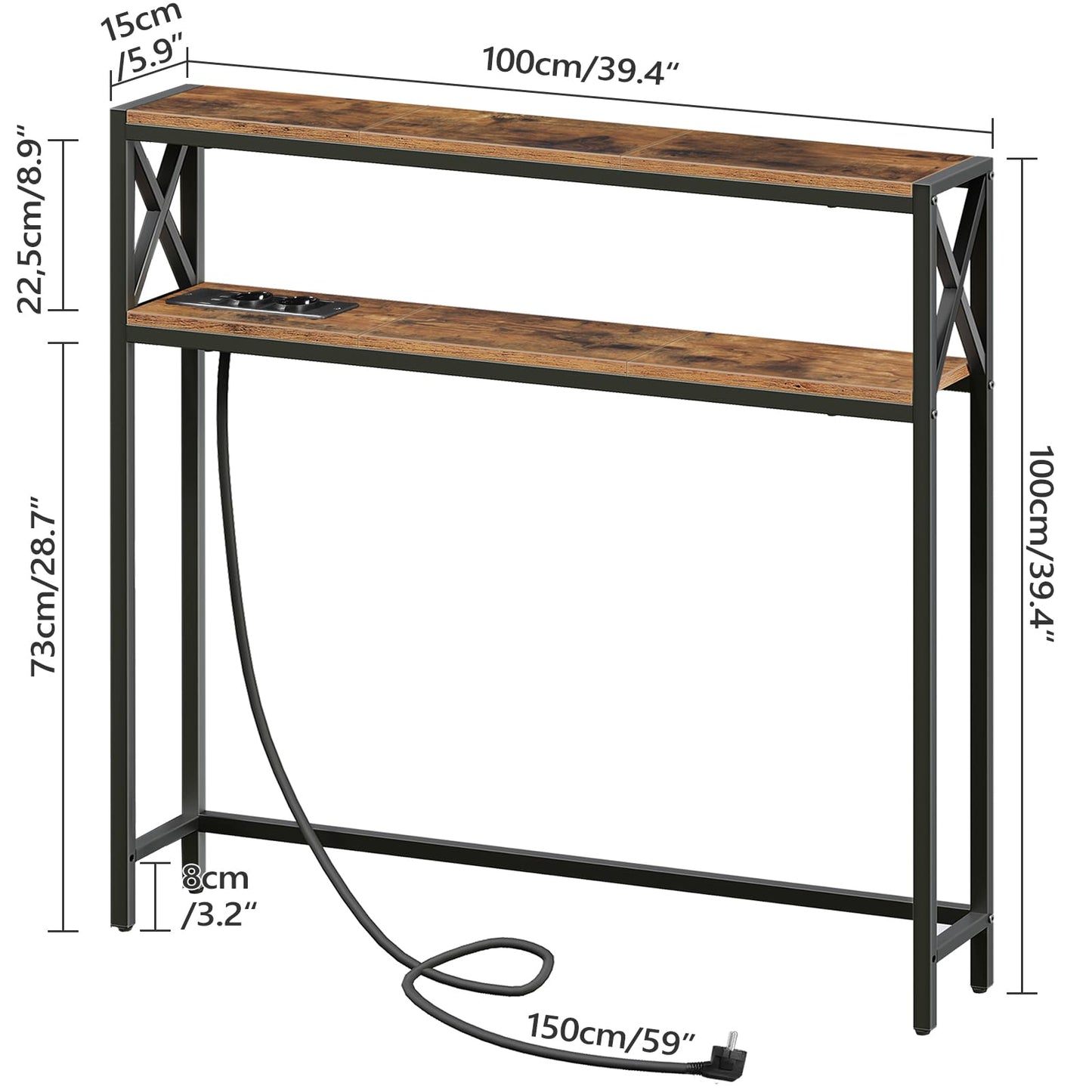 MAHANCRIS 100cm 2 Tier Entrance Table, Console Table with USB Sockets and Ports, Hallway Table with Storage Shelves, for Hallway, Living Room, Bedroom, Entrance, Black ACTHB115UE01