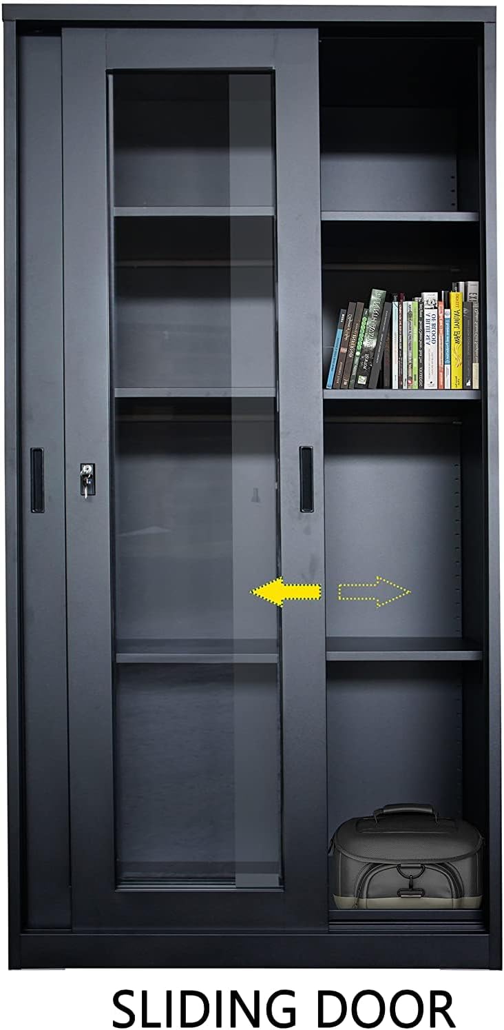 Mahmayi Godrej Full HT Steel and Glass door height adjustable with sliding door Filing Cabinet and bookshelf - Black