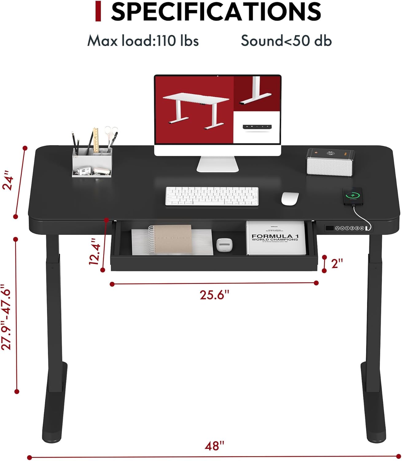 FLEXISPOT Electric Standing Desk, Height Adjustable Desk with Drawer 48 x 24 Inches White Desktop & Adjustable White Frame Quick Install Computer Workstation (USB Charge Ports, 4 Persets)