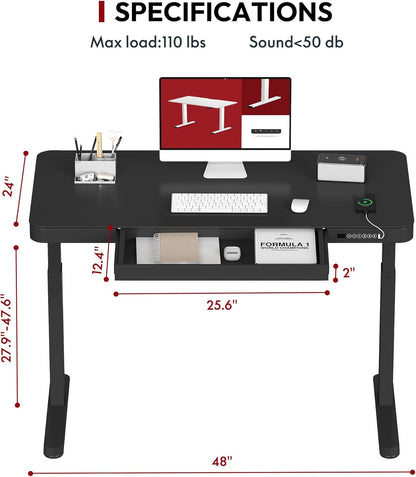 FLEXISPOT Electric Standing Desk, Height Adjustable Desk with Drawer 48 x 24 Inches White Desktop & Adjustable White Frame Quick Install Computer Workstation (USB Charge Ports, 4 Persets)