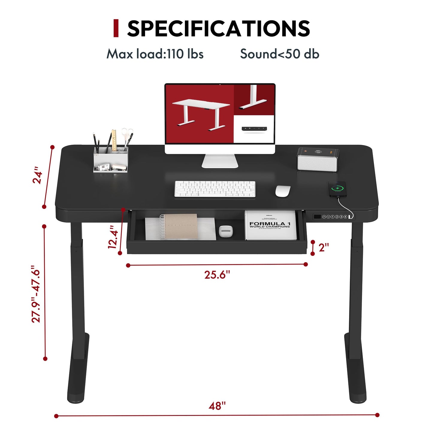 FLEXISPOT Electric Height Adjustable Standing Desk with Drawer 48 x 24 Inches Natural Desktop & Adjustable White Frame Quick Install Computer Workstation (USB Charge Ports, Memory Controller)