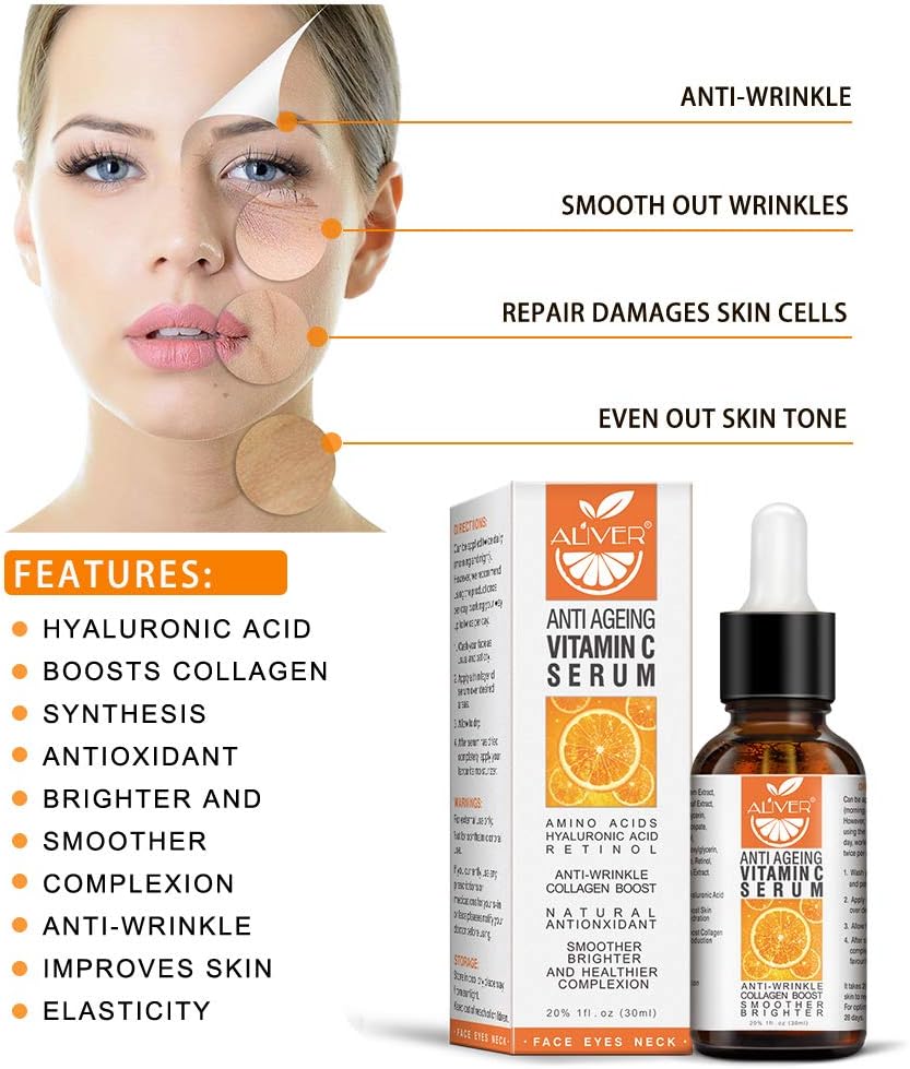 Vitamin C Serum for Face with Hyaluronic Acid, Day and Night Vitamin C Serum for Body Organic, Boost Skin Collagen, Brighten Hydrate & Plump Skin, Anti Aging & Wrinkle Facial Serum