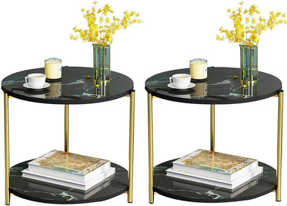 Coffee Tables for Living Room, Double-Layered Square End Side Tables Sofa Table, Modern Marble Nesting Table with Metal Frame Legs Set of 2 (White+square+Golden frame)