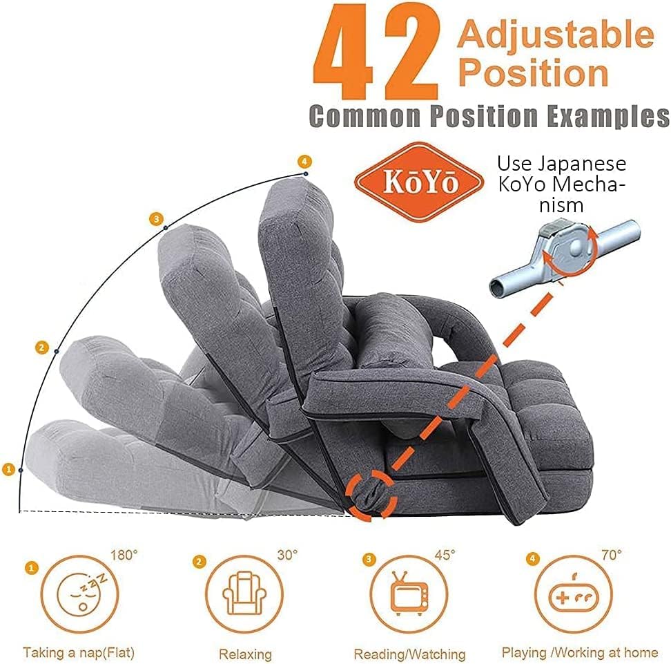 FLOGUOOR Floor Gaming Chair, 42 Positions Adjustable Armchair Floor Sofa, 3-In-1 Folding Sofa Bed with Pillow for Single Sleep, Bedroom Living Room Office Furniture （Grey）8803