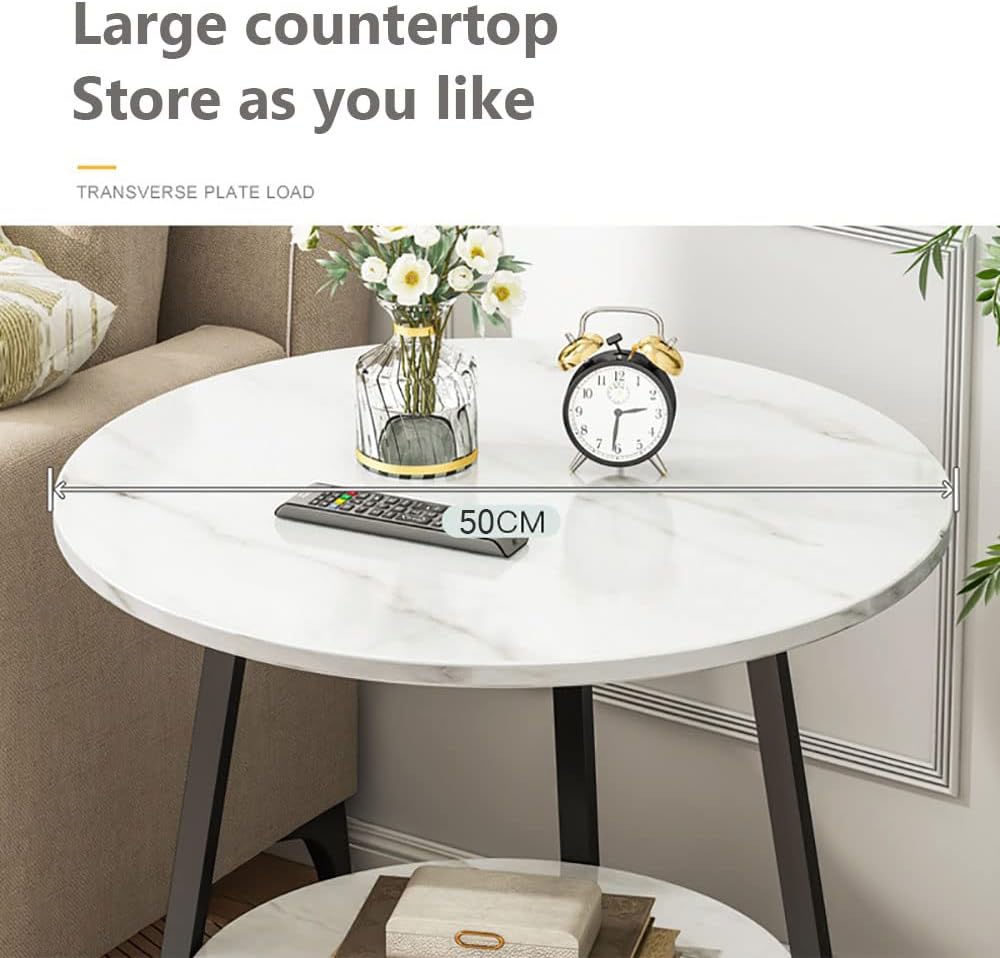 Round Coffee Table, Double Layer Sofa Side Table End Table, Imitation Marble Coffee Round Table Snack Table Bedside Table Nightstand with 2 Layer Storage for Living Room Small Space (H221-Black Top)