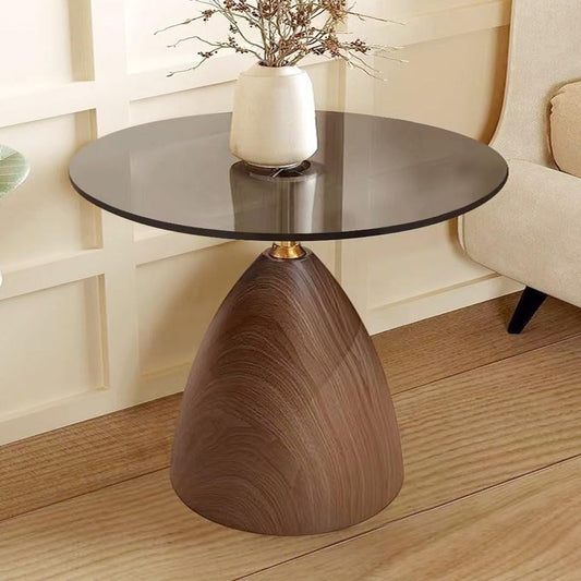 Kutis Modern Design Round Coffee Table with Luxury Glass Tabletop and Wood Base - Elegant End Table, Side Table, or Center Table for Living Room, Bedroom, and Home Decor 45x55 cm.