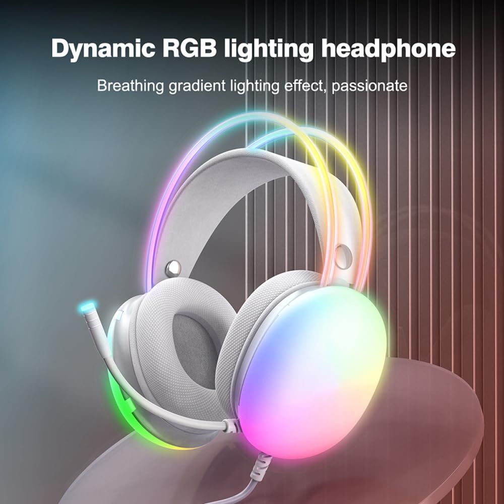 USB Gaming Headset with Mic for PC, RGB Rainbow Backlit Headphone, Virtual 7.1 Surround Sound, 50mm Driver, Soft Memory Earmuffs, Wired Laptop Desktop Computer Headset