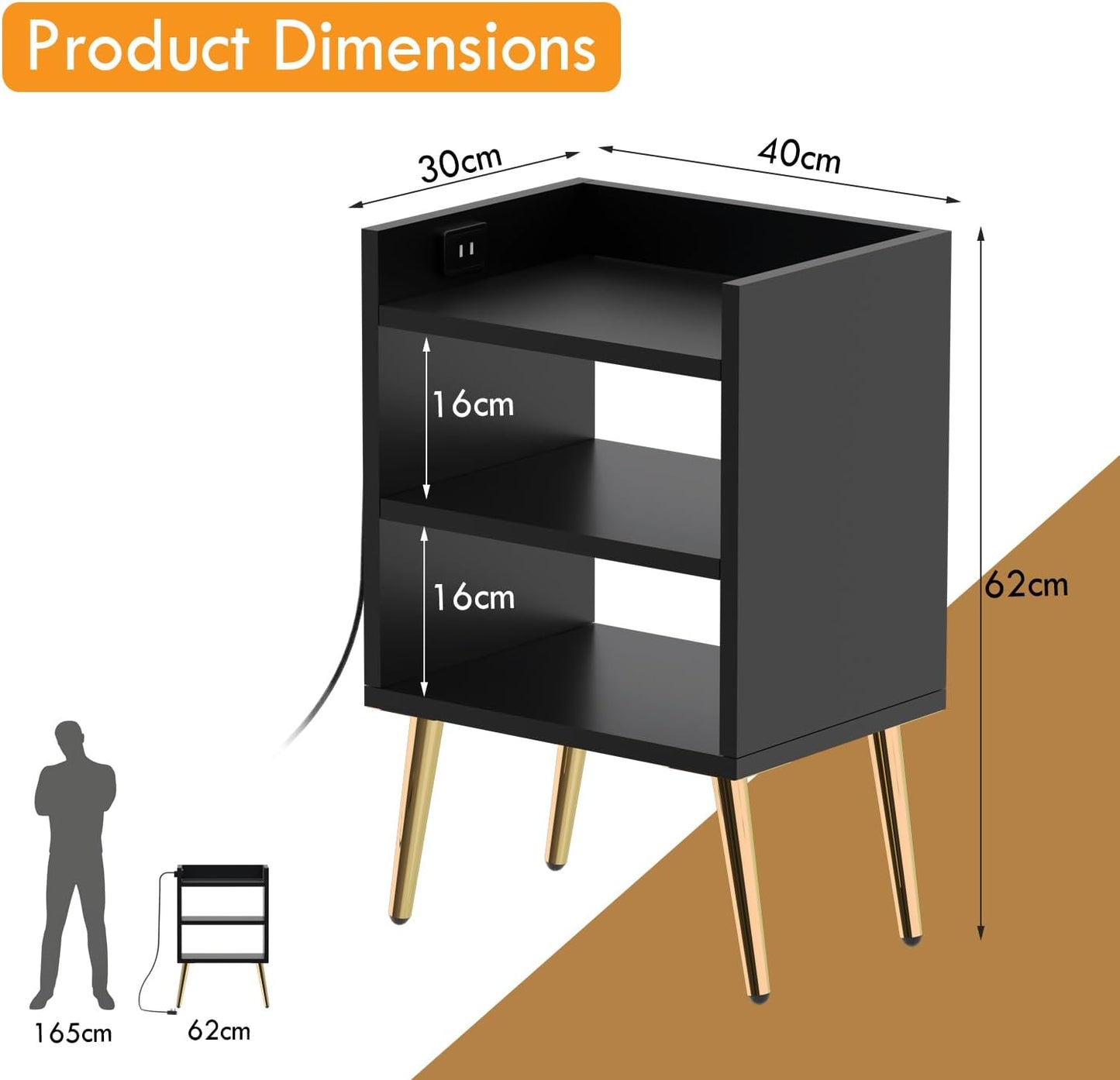 Mahmayi Modern Night Stand Table, Side Table With 3 Open Storage Shelves, Side Table For Living Room, Bedroom - Black