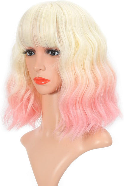 VCKOVCKO Ombre Color Natural Wavy Bob Wig With Air Bangs Short Bob Wigs Women's Shoulder Length Wigs Black to Pink Purple Curly Wavy Synthetic Cosplay for Girl Colorful Wigs(12",Black to WineRed)