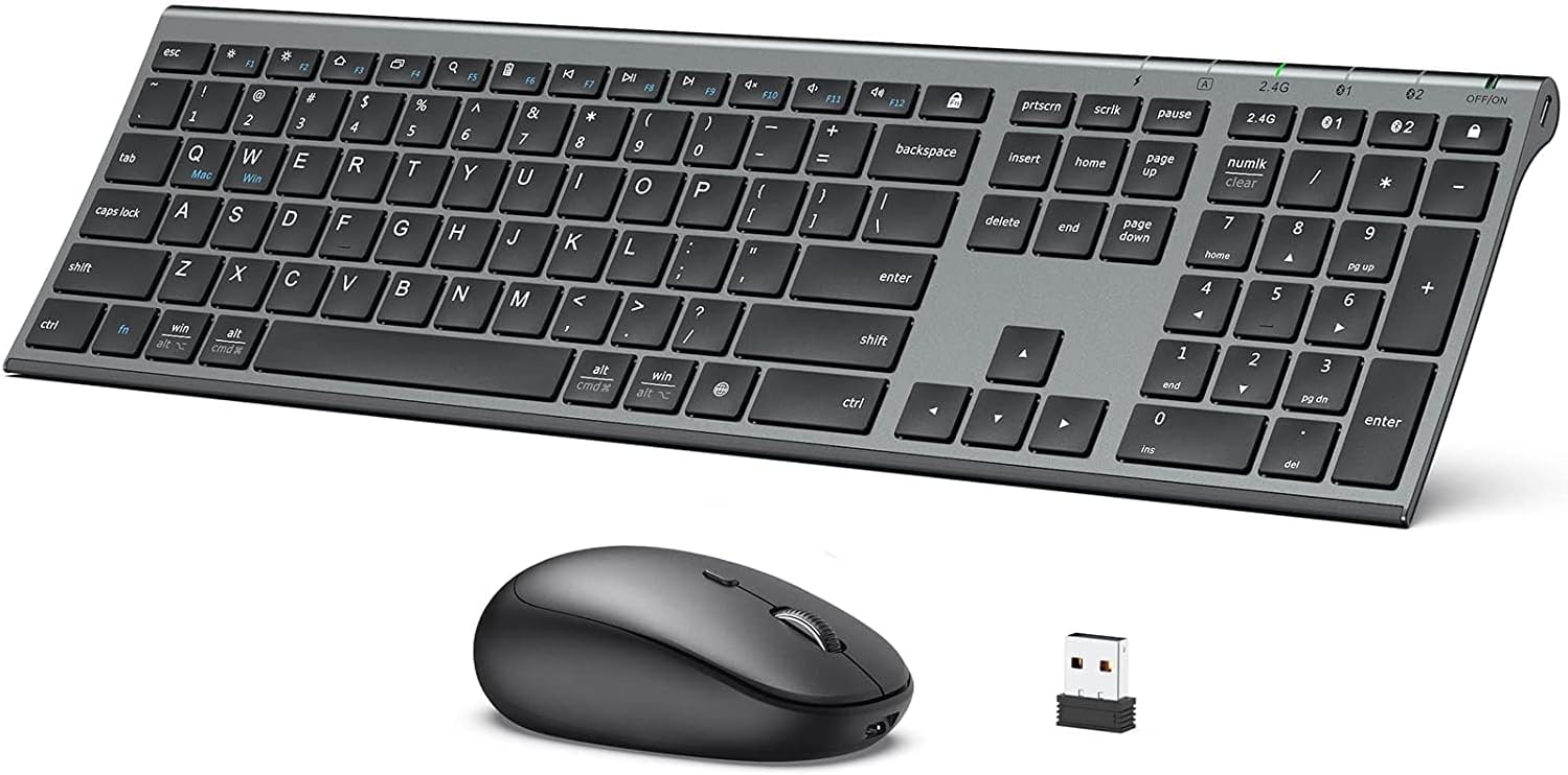 iClever Bluetooth Keyboard and Mouse Set DK03, Rechargeable Dual-Mode (Bluetooth + 2.4G) Wireless Keyboard and Mouse Set, Ultra-Slim Multi-Device Keyboard for Mac, iPad, Apple, Android, Win,Grey Black - CaveHubs