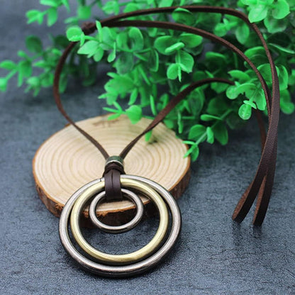 JczR.Y Leather Necklace for Men Double Circle Rings Leather Rope Pendant Necklace Punk Leather Chain Disc Ring Necklace Vintage Jewelry Gift