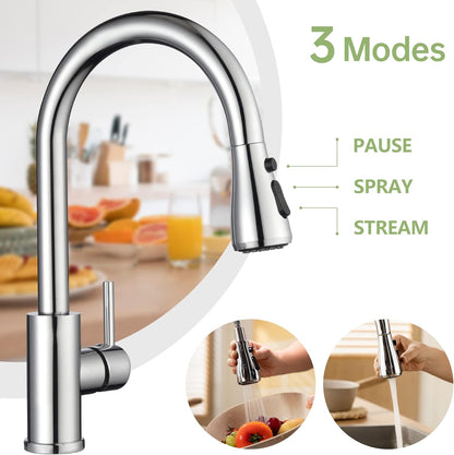 DAYONE Chrome Kitchen Faucet with Pull Down Sprayer, Single Handle Kitchen Mixer with 3 Water Modes Stainless Steel Kitchen Taps