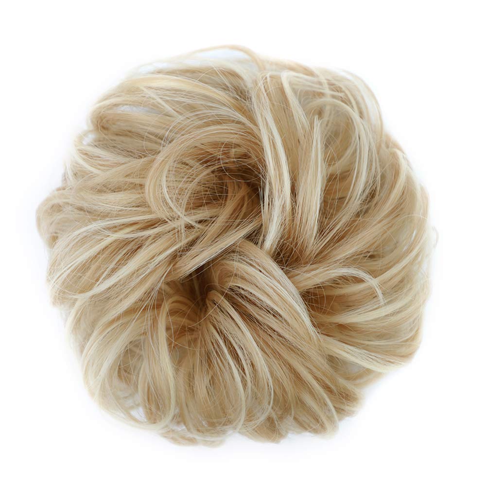 MORICA 1PCS Messy Hair Bun Hair Scrunchies Extension Curly Wavy Messy Synthetic Chignon for Women (12AH613(Light Golden Brown & Lightest Blonde))