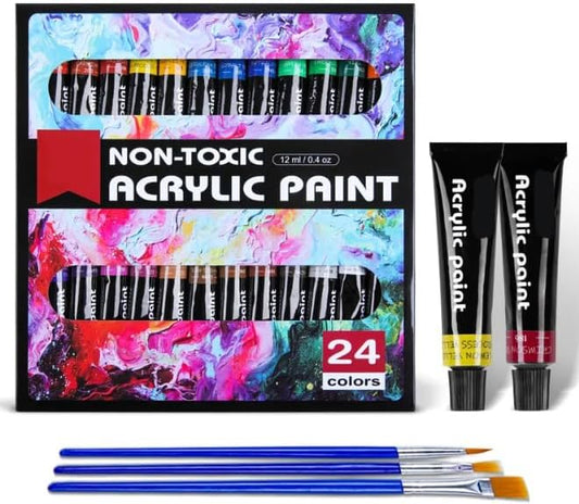 CLOUDFOUR Acrylic Paint Set, 24 Colors x 12ml, Non-Toxic, Water based Paints, Art and Craft Painting Supplies, Canvas Paint Kit with 3 Paint Brushes for DIY Craft Paints, Paper, Rock, Wood and Ceramic