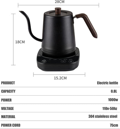 Electric Kettles Electric Gooseneck Kettle 0.8L, 304 Stainless Steel Coffee and Tea Pot, Automatic Temperature Control and Constant Temperature, 1000W Quick Heating (Matte Black)