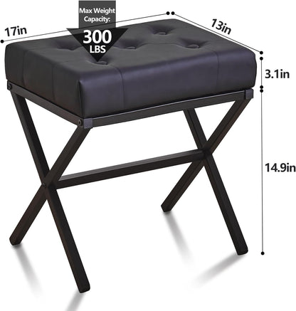 Cpintltr Ottoman Foot Stool Tufted Vanity Stool Ottomans Thickened Cushion Footstool Mulifunctional Shoe Changing Seat Step Stools with Metal X Leg for Living Room Bedroom Faux Leather Black