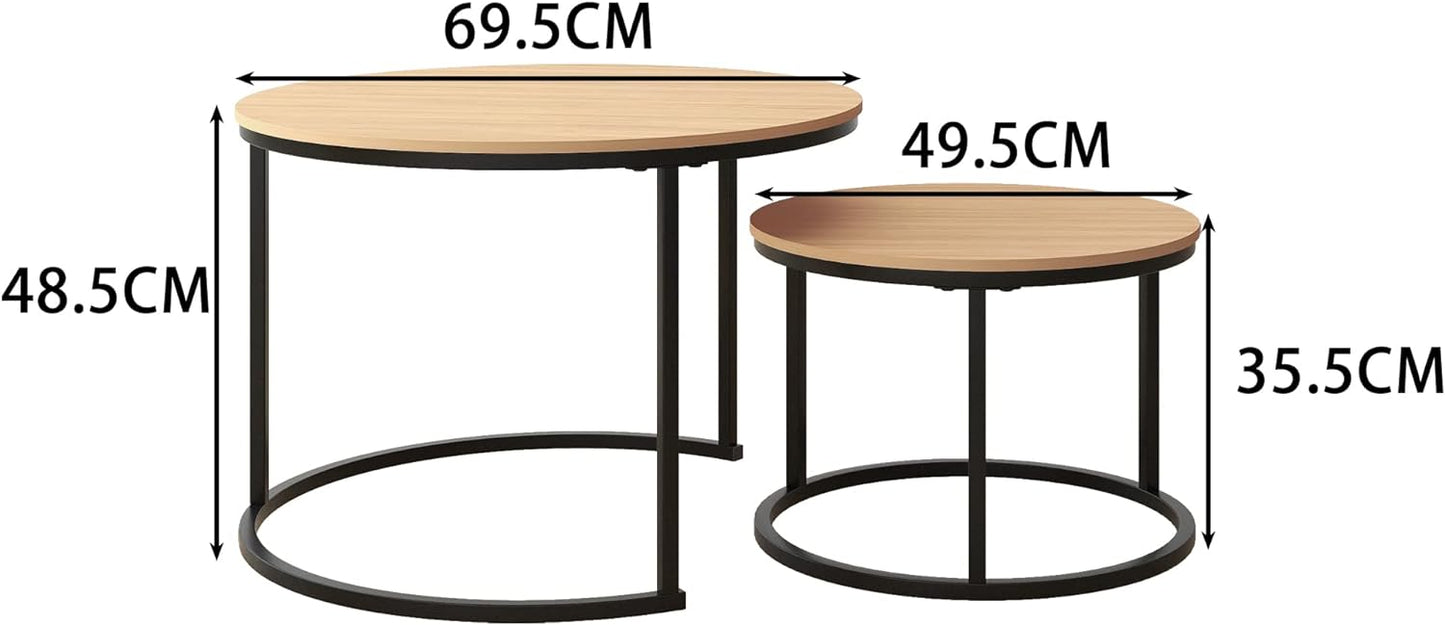 HOJINLINERO Nesting Coffee Table Round Set of 2 End Tables for Living Room,Industrial Stacking Side Tables,Wood Look Accent Furniture with Metal Frame End Table for Bedroom Decorations,Black+Brown