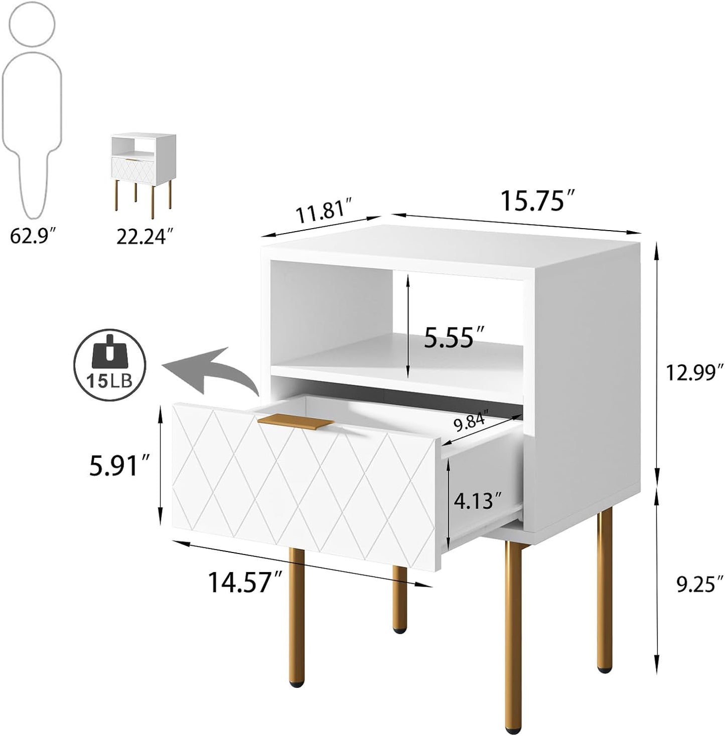 Aobafuir Nightstand, 2 Drawer Dresser for Bedroom, Small Side Table with 2 Drawers, Bedside Furniture, Night Stand, End Table with Gold Frame for Bedroom, Living Room, White Stripe