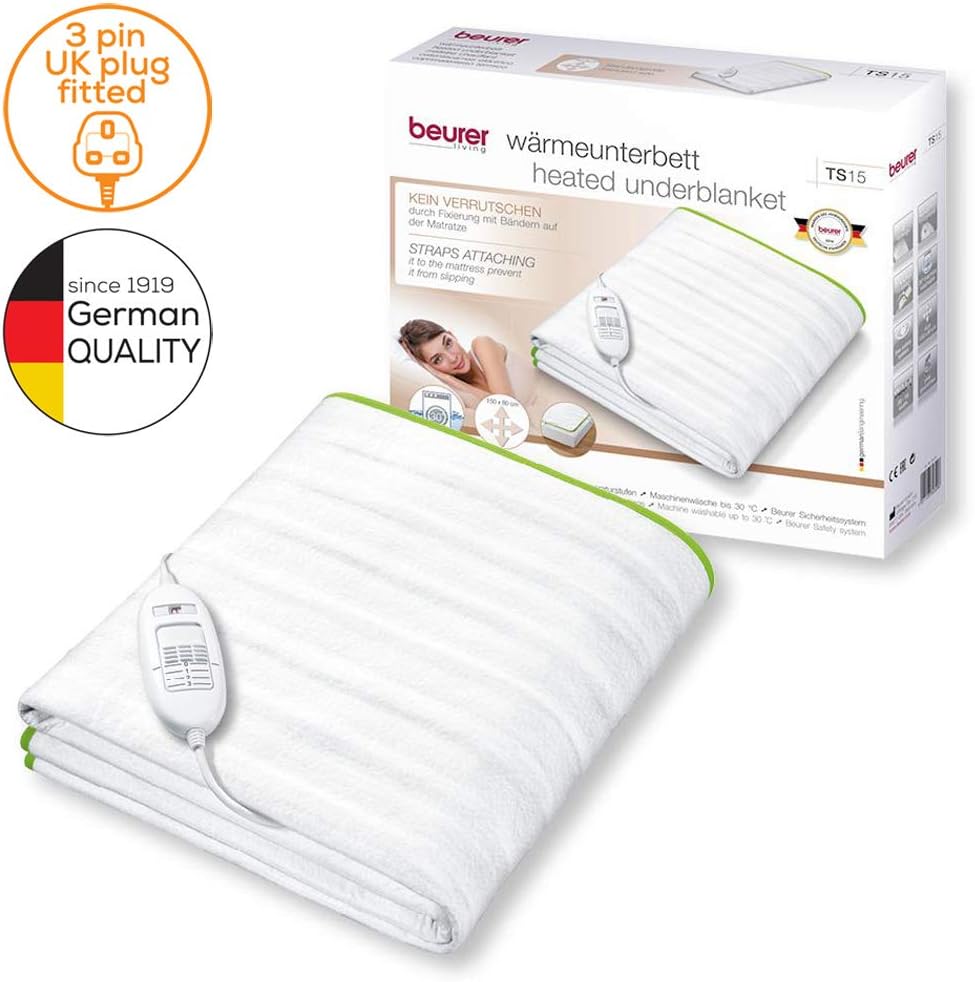 Beurer TS15 Ecologic+ Heated Underblanket | Double electric blanket with elastic straps for a non-slip fit it to your mattress | Easy-to-use | Machine washable | Soft and breathable | Size 152x122cm