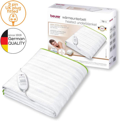 Beurer TS15 Ecologic+ Heated Underblanket | Double electric blanket with elastic straps for a non-slip fit it to your mattress | Easy-to-use | Machine washable | Soft and breathable | Size 152x122cm