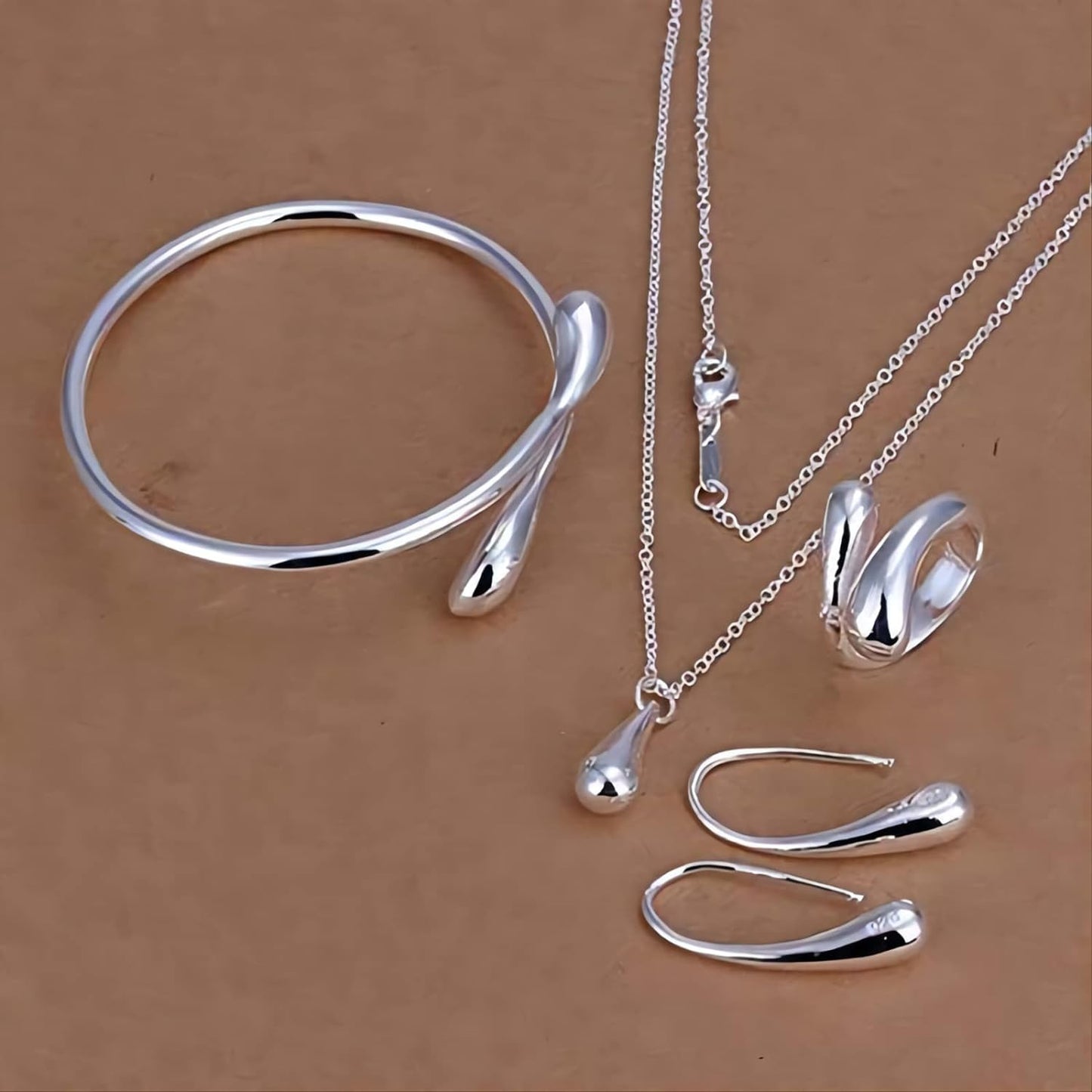 Jewelry Set for Women, 925 Silver Chain Necklace Bracelet Earrings Ring, Sterling Silver Hi-shiny Tear Drop Design Pendant Jewelry Gifts for Birthday Mother's Day Valentine’s Day, Girl Wife Friend