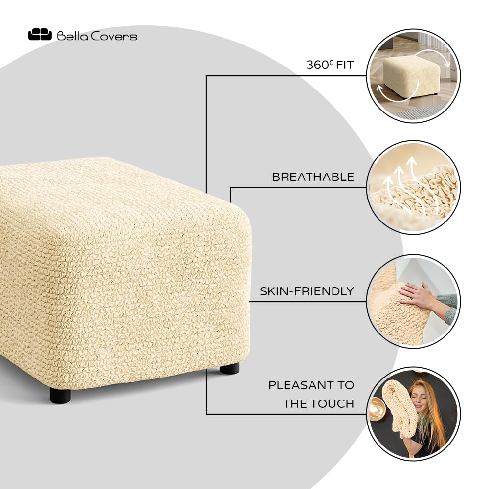 PAULATO BY GA.I.CO. Ottoman Cover Stool Cover Pouf Slipcover - Soft Polyester Fabric Slipcover - 1-piece Form Fit Stretch Furniture Protector - Microfibra Collection - White (Ottoman)