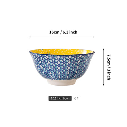 Techplus Set of 4 Blue Geometric Ceramic Bowls – 6.25 Inch Yellow Interior – Microwave, Dishwasher, Oven Safe – Ideal for Salads, Pasta, Soup – Modern Kitchen Gift