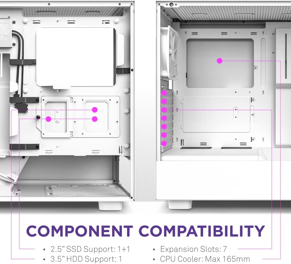 NZXT H5 Flow Compact ATX Mid-Tower PC Gaming Case – High Airflow Perforated Front Panel – Tempered Glass Side Panel – Cable Management – 2 x 120mm Fans Included – 280mm Radiator Support – White