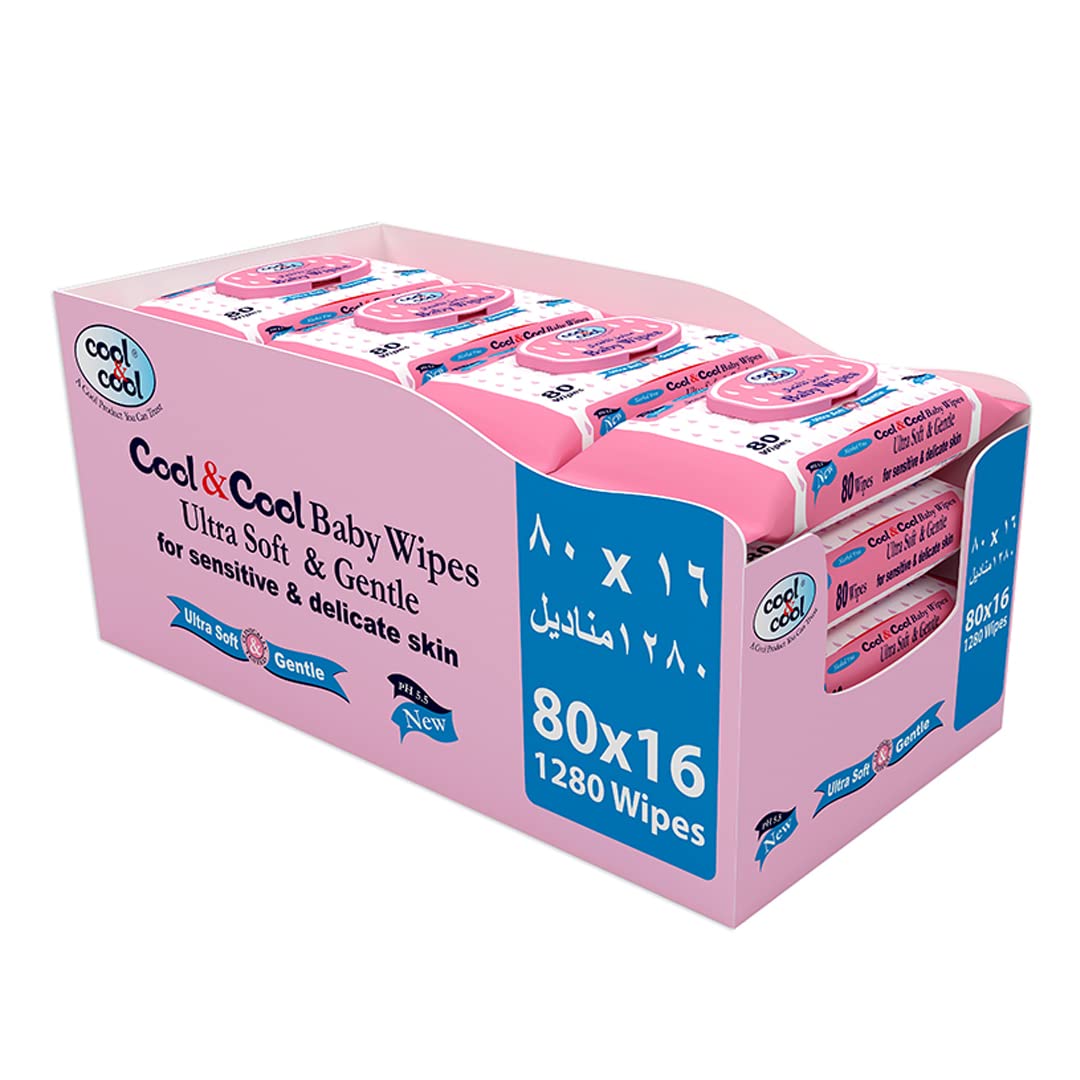 Cool & Cool Baby Wipes 80's 10 + 6 Free (Pack of 16) - Alcohol Free,Paraben Free,Vitamin E,Aloe Vera,Ultra Soft & Gentle for Sensitive & Delicate Skin 1280 Wipes